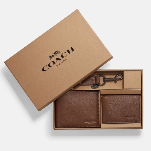 Coach Men's 3 in 1 Compact ID Leather Wallet With Key Fob F64118 Dark Saddle